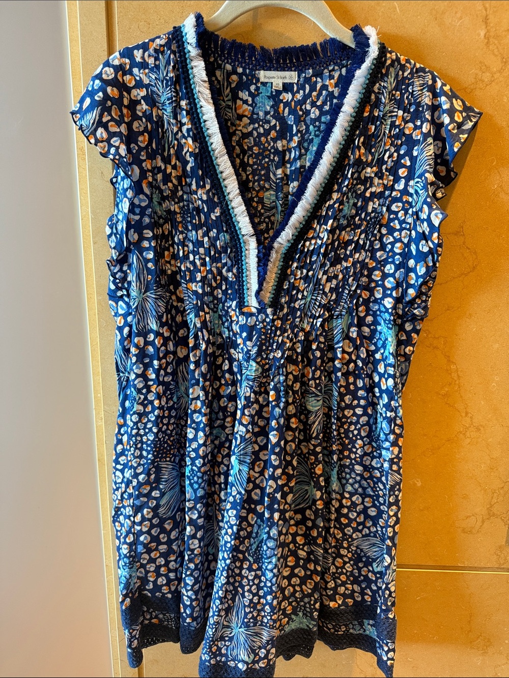 Poupette St. Barth Blue Printed Mini Dress with Fringe Neck and Lace Hem